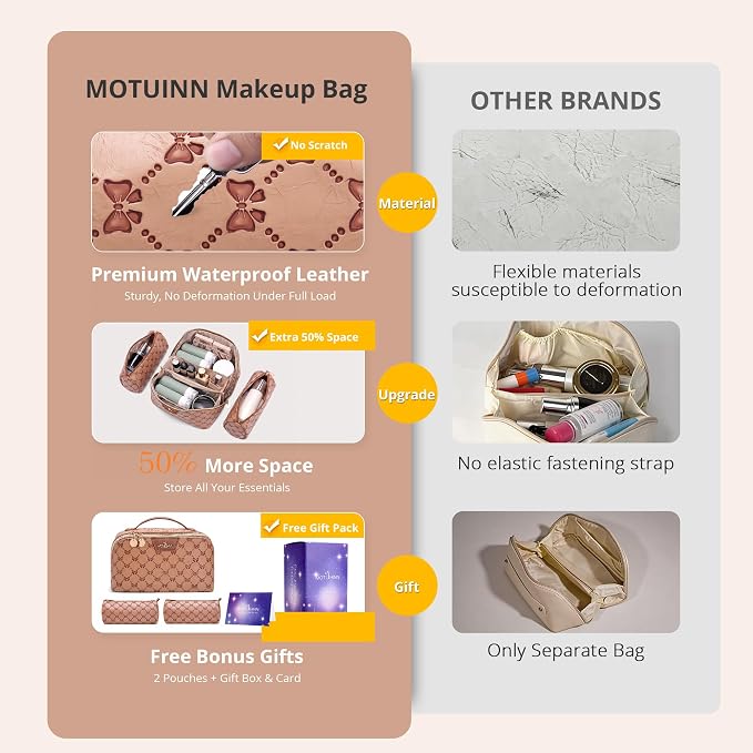 Travel Makeup Bags for Women: 3 Pcs Set Luxury Bow Print Make up Bag - Large Capacity Cute Cosmetic Case - 3–15 Day Travel Toiletry Organizer Bag, Comes with An Gift Box(Cocoa Brown) - Image 2