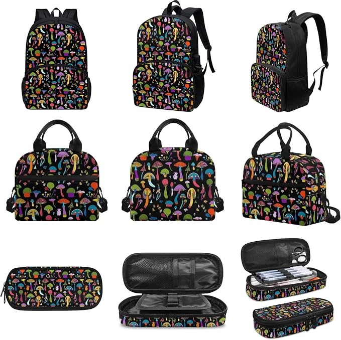 Mushroom Backpack Set for Girls Kids Lightweight Cute School Backpack with Lunch Box Pencil Case Adjustable Strap Padded Book Bag Insulated Lunch Bag - Image 3