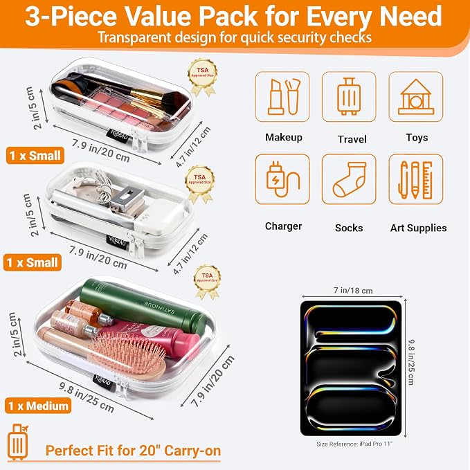 YQBRAO 6 Pack Clear Hard Shell Beauty Organizer (2M+4S), 1.2mm Crush-Proof Cosmetic Case, Reinforced YKK Zippers, Stadium Approved Security Bag for Skincare, Toiletries & Electronics, Multi-Size Set - Image 4