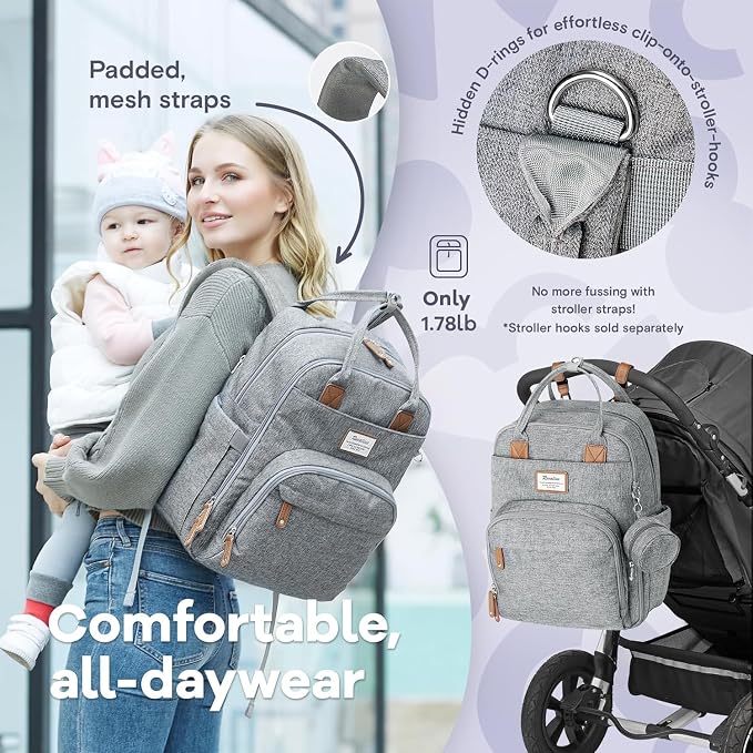 RUVALINO Diaper Bag Backpack-Expandable Baby Bag with up to 50% Capacity -Baby Essentials Bag with Changing Pad Insulated Bottle Holders & Pacifier Case, Waterproof, Gray XL - Image 7