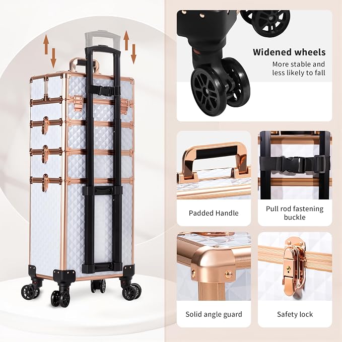 AROUS Rolling Makeup Train Case 4 in 1 Cosmetology Case on Wheels Large Storage Cosmetic Trolley with Key Salon Barber Case Traveling Cart Trunk,White - Image 6