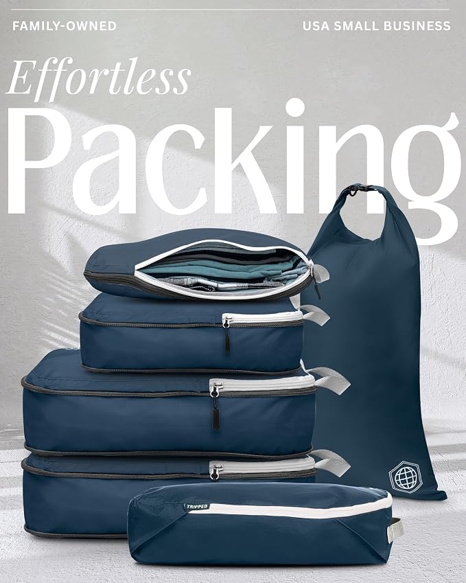 Compression Packing Cubes for Travel, 6-Piece Lightweight Packing Cubes Set for Carry-On Luggage & Backpacks – TRIPPED Travel Gear (Navy Blue and White) - Image 7