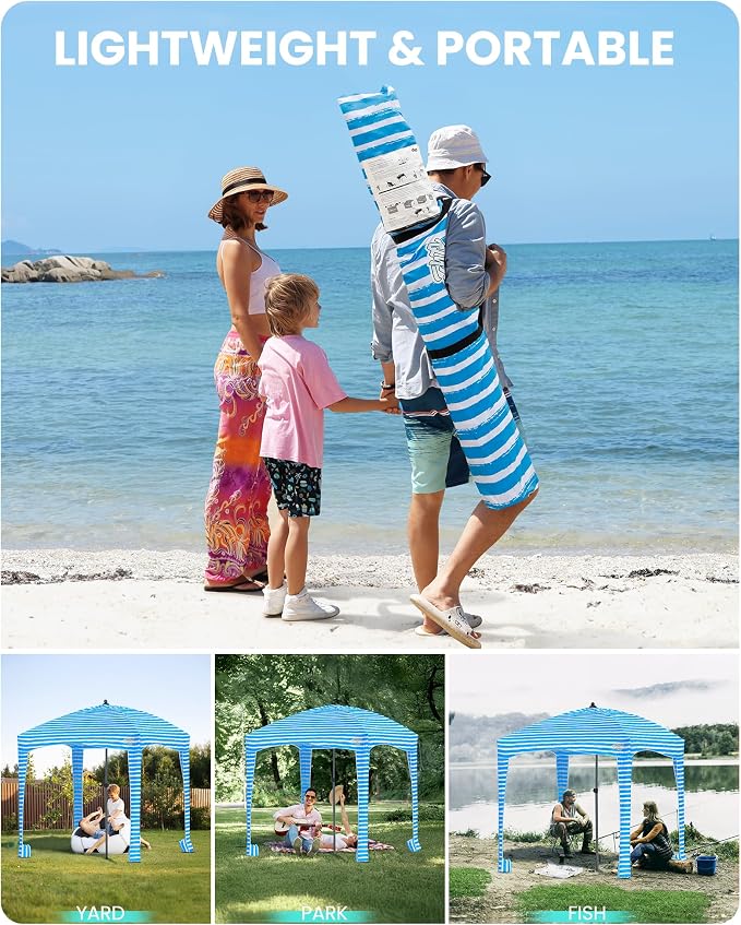 Qipi Beach Cabanas for Sand, Beach Canopy with Sandbags & Side Wall for Family, Easy Set Up Sun Shelter, UPF 50+ UV Protection with Roof Vent - Image 7