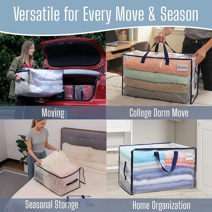 VENO 6 Pack Clear Extra Large Moving Bags & Storage Totes, Heavy Duty Organizer with Reinforced Handles & Strong Zippers for Clothes, College Dorm Essentials, Moving Supplies - Image 6