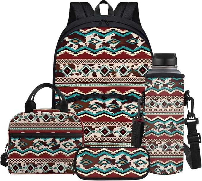 Aztec Ethnic Tribal Cow Print School Backpack for Girls Boys Full Set of 4 Casual Schoolbags with Insulated Thermal Lunch Box Cooler Water Bottle Carrier Portable Pencil Case by Glomenade