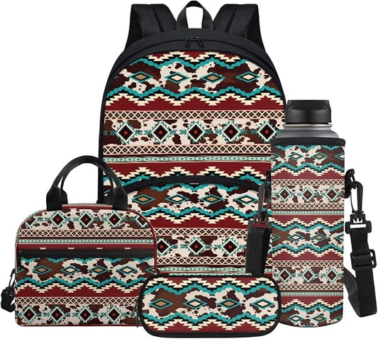 Aztec Ethnic Tribal Cow Print School Backpack for Girls Boys Full Set of 4 Casual Schoolbags with Insulated Thermal Lunch Box Cooler Water Bottle Carrier Portable Pencil Case by Glomenade