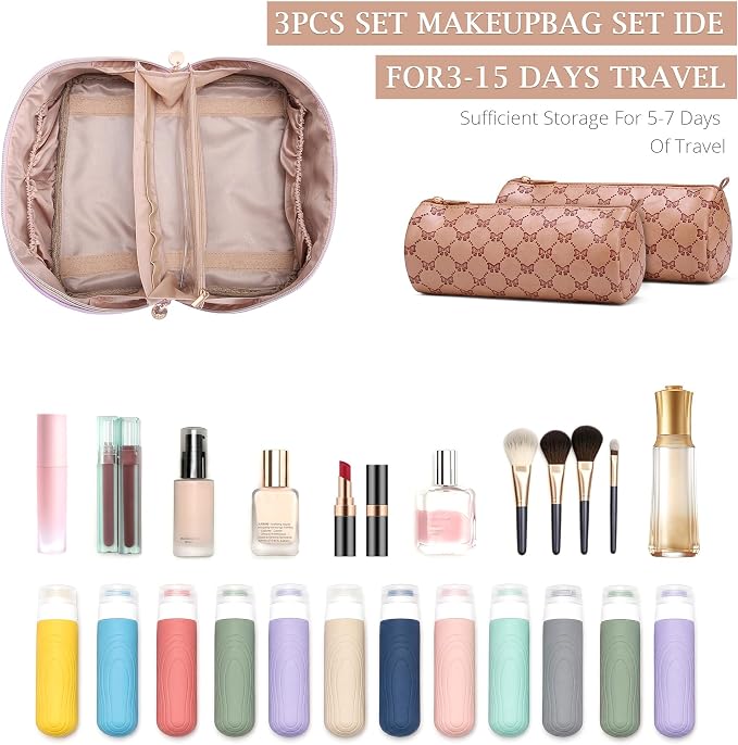 Travel Makeup Bags for Women: 3 Pcs Set Luxury Bow Print Make up Bag - Large Capacity Cute Cosmetic Case - 3–15 Day Travel Toiletry Organizer Bag, Comes with An Gift Box(Cocoa Brown) - Image 4