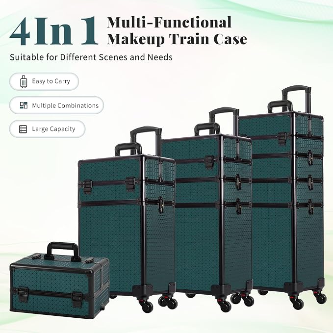 AROUS Rolling Makeup Train Case 4 in 1 Cosmetology Case on Wheels Large Storage Cosmetic Trolley with Key Salon Barber Traveling Cart Trunk, Green - Image 2