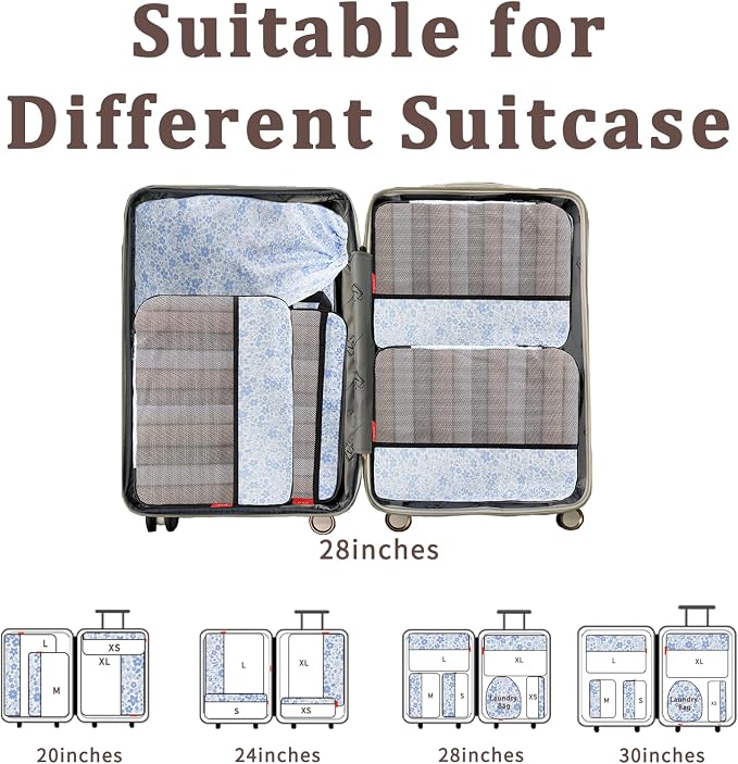 U+U 6 Set Compression Packing Cubes - Ultralight Travel Organizers with Laundry Bag, Space-Saving Suitcase Organizer for Travel, Business Trip and Family Vacation (Blue Flower) - Image 7