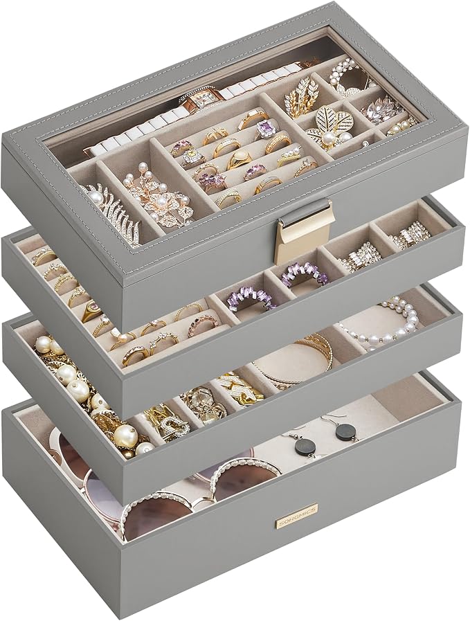 SONGMICS Stackable Jewelry Trays, 4-Tier Jewelry Box, Drawer Jewelry Organizer, with Glass Lid, Removable Dividers, for Vanity Table, 6.7 x 11 x 7.2 Inches, Gift Idea, Dove Gray UJBC164G01 by Unknown