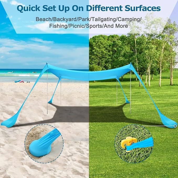 COMMOUDS Beach Tent Sun Shelter - UPF50+ Pop Up Beach Canopy with Sandbags & Sand Shovel & Windproof Poles, Portable Sun Shade for Beach, Camping, Picnics, Backyard - Image 5