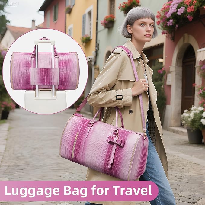 Convertible Garment Duffle Bag for Women, Foldable 2-in-1 Carry On Travel Bag with Shoe Compartment & Toiletry Pocket, PU Leather Stylish Garment Bags for Business Trip, Vacation, Pink-White - Image 6