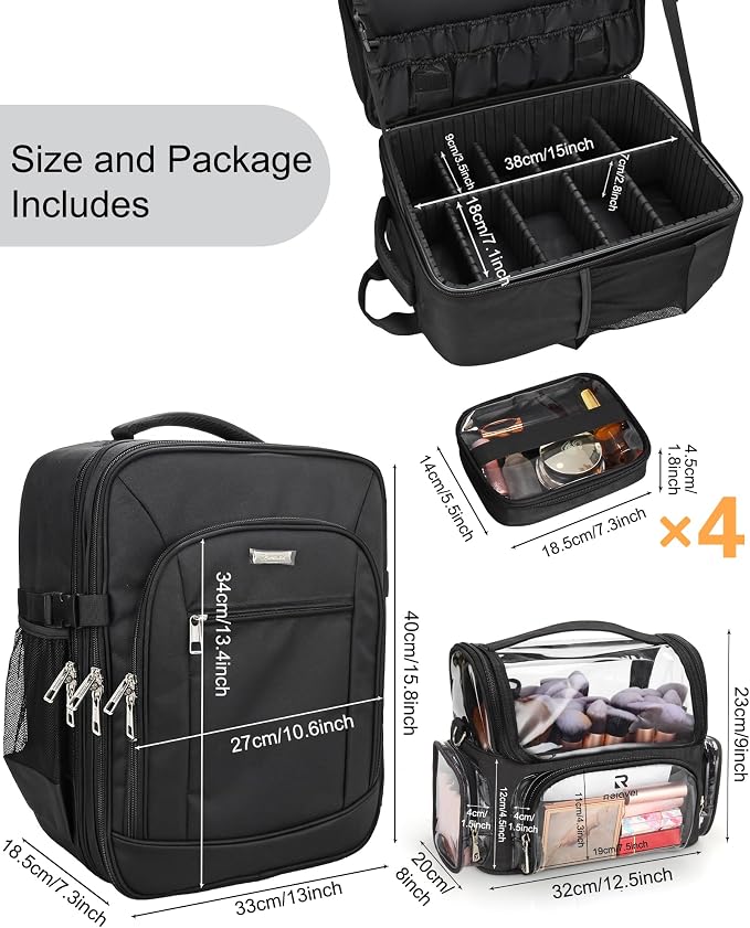 TANTO Makeup Backpack Extra Large Cosmetic Bags Professional Makeup Artist Bag Travel Train Case Storage Organizer Double-Layer Cosmetic Case with 4 Pouch and Brush Organizer - Image 5