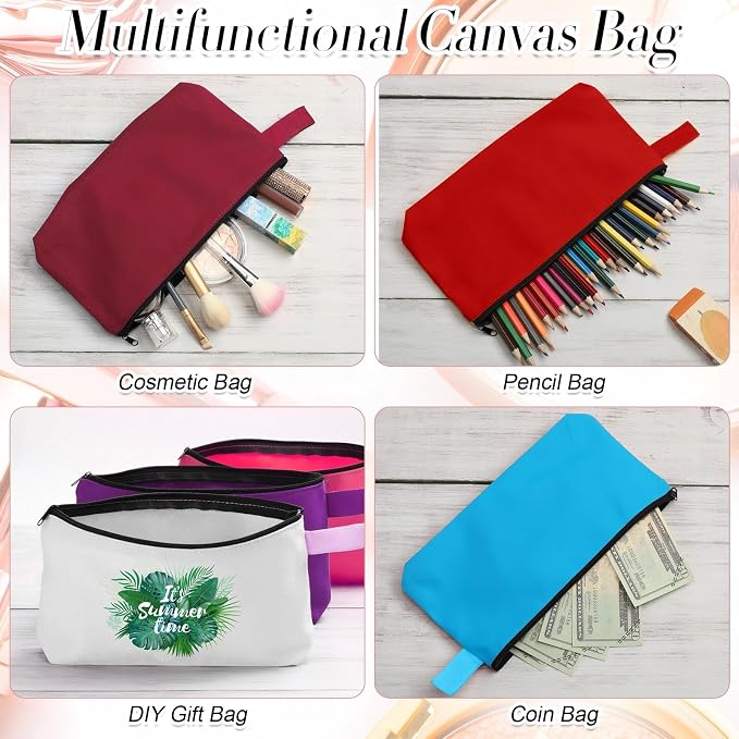 Reginary 60 Pcs Multicolor Canvas Makeup Bag Bulk Portable Travel Cosmetic Pouch Versatile Blank Toiletry Bag with Zipper for Women DIY Craft Purse Pencil Case (8.6 x 5 x 2 Inch) - Image 8