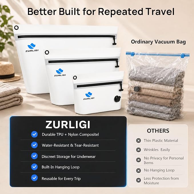 Zurligi Travel Vacuum Bags Kit with Pump, 3-Pack for Clothing & Underwear | Durable TPU Anti-rip Waterproof Vacuum Seal Compression Bag for Bras, Socks, Toiletries and Carry-on Luggage & Travel Gear - Image 3