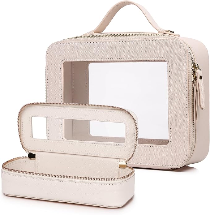 Clear Travel Makeup Bag, Beige, L+Slim | With Brush Bag, Transparent, Waterproof, With Zipper by LOFOWN