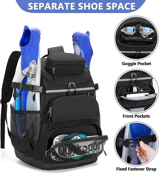 GOBUROS Swim Backpack with Separate Shoe Space, Swim Bags for Swimmers | Swim Gym Gear Bag for Swimming Pool, Beach, Swimming Athlete, Sports Pool Beach Bag for Men and Women, Black - Image 2