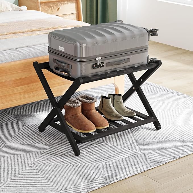 Smuxee Fully Assembled Luggage Rack for Guest Room, Upgraded Bamboo Foldable Suitcase Stand with 5 Nylon Straps, Luggage Holder with Shelf for Bedroom Hotel by Smuxee