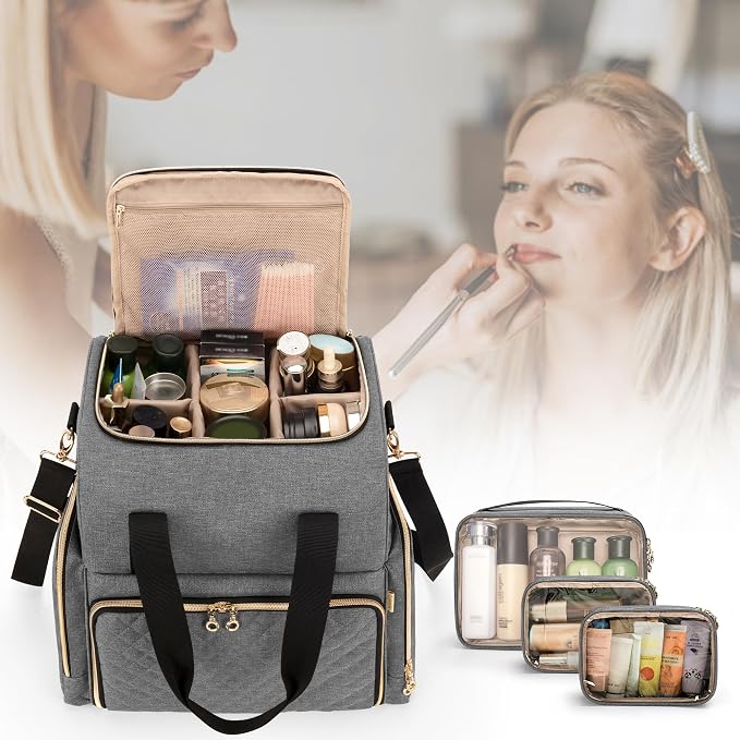 LUXJA Large Travel Makeup Bag with 3 Removable Cases, Cosmetic Bag with Detachable Dividers (Patent Pending), Gray - Image 8