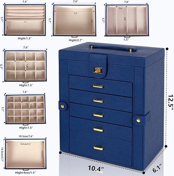 AKOZLIN 6-Tier Jewelry Box Organizer Functional 5 Drawers Leather Jewelry Storage Case for Women Girls Ring Necklace Earring Bracelet Holder Organizer with Mirror Blue Large - Image 3