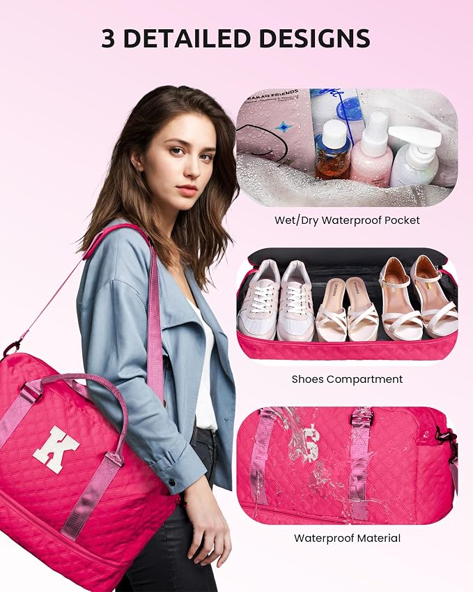 Gifts for Teen Girls 12-14, Birthday Gift-Initial Travel Bag with Shoe Compartment, Personalized Weekender Bag, Monogram Overnight Bag for Women, Letter Travel Bag with Makeup Bag (Letter M) - Image 7
