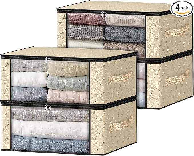 HomeHacks Storage 4-Pack Clothes Organizer Storage Bags Foldable Storage Box with Large Clear Window Sturdy Handles for Closet, Dorm, Pillows, Bedding, Clothes, Blankets, 35L, Beige by HomeHacks