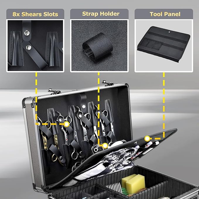 Yueieoun Professional Barber Case with Barber Clipper Tray Organizer, 6 Adjustable Clipper Slots & 8 Shear Holders, Portable Barber Carrying Case for Hair Tools & Supplies with Combo Locks - Image 3