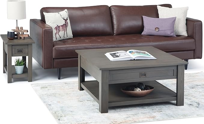 SIMPLIHOME Monroe Square Coffee Table - 38 inch Wide Solid Acacia Wood Living Room Table in Farmhouse Grey, Rustic Cocktail Table for Family Room or Lounge with 2 Drawers and Open Shelf