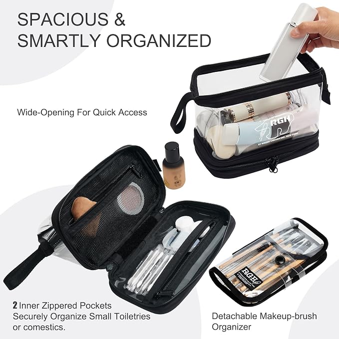 Rough Enough Clear Cosmetic Bag for Women and Men, Leakproof Travel Makeup Organizer, with Detachable Brush Pouch, Large Opening, 6.5”x5”x8.5” - Image 2
