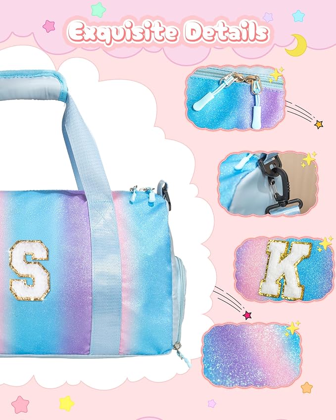 Gifts for 3 4 5 6 7 8 9 10 Year Old Girls-Girl Gym Bag with Shoe Compartment, Kid Personalized Weekender Overnight Bags, Initial Travel Tote with Makeup Pouch, Gift Ideas for Kids (Letter M) - Image 4