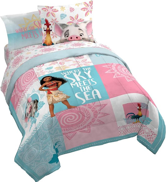 Disney Moana Queen Comforter Set 7 Piece Kids Bedding for Girls, Multi | Bed in a Bag, Comforter Sheets Shams Pillowcases, Official Brand, Soft Microfiber, Machine Washable, Girls Gift by JayFranco