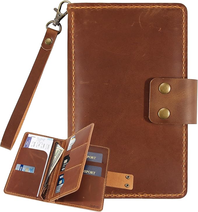 Handmade Genuine Leather Family Passport Holder | Travel Document Organizer Holds 4 Passports | Vintage Wristlet Wallet with Credit Card Slots (Brown) by Fasjosma