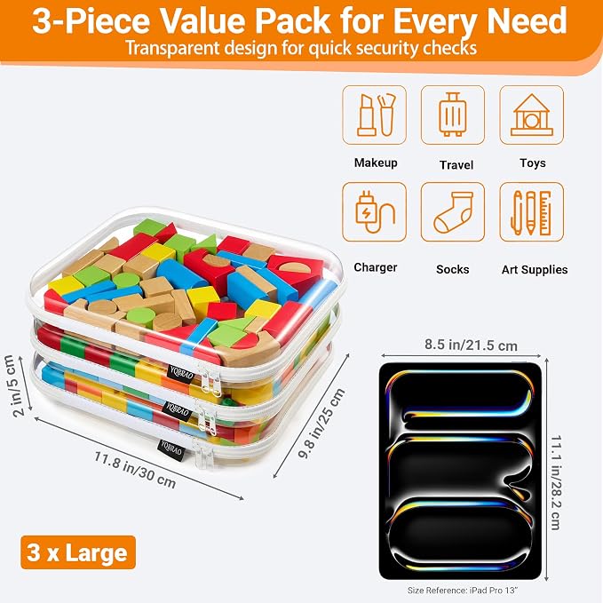YQBRAO 3-Pack Large Clear Hard Shell Zipper Case, 1.2mm Rigid Toy & Cosmetic Bags, Heavy-Duty Diaper Bag Pouch Set with YKK Zippers, Waterproof Travel & Makeup Organizer - Image 4