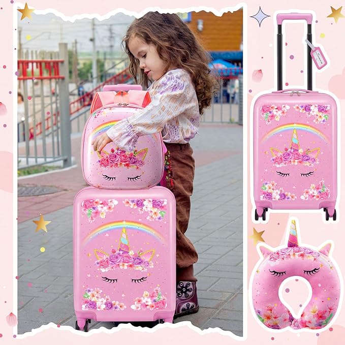 Sanwuta 4 Pcs Kids Luggage Set Back to School Gifts for Girls Boys Carry On Rolling Suitcase Backpack Neck Pillow Travel Set(18 Inch,Unicorn Rainbow Style,Pink) - Image 6