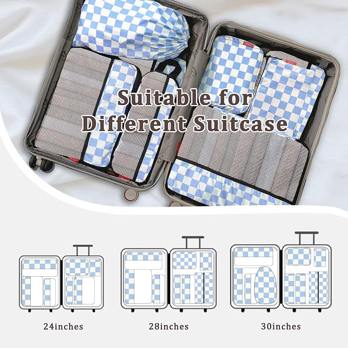 U+U 8 Set Compression Packing Cubes - Ultralight Travel Organizers with Laundry Bag and Cosmetic Bag, Space-Saving Suitcase Organizer for Travel, Business Trip and Family Vacation (Blue Checkered) - Image 7