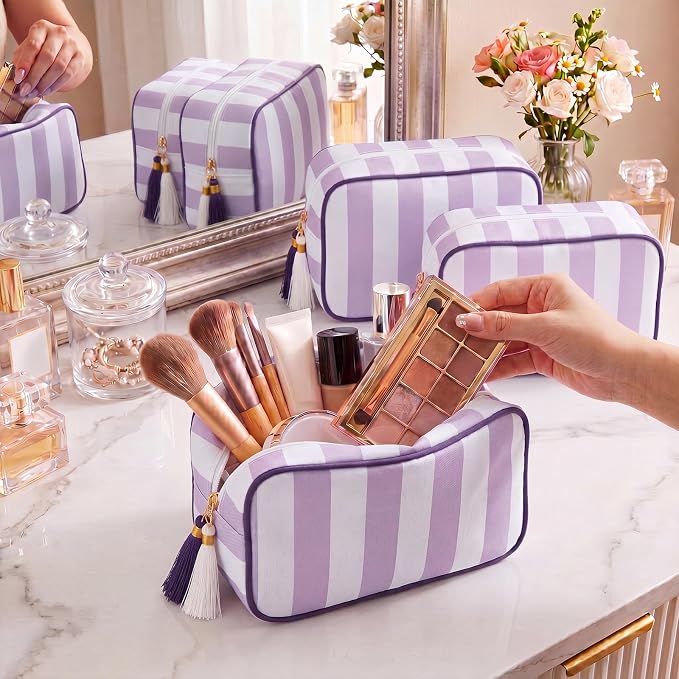 Kacctyen 6 Pack Lavender Purple and White Striped Makeup Bag bulk with Tassel Travel Cosmetic Pouch Organizer Large Zipper Toiletry Case for Women Aesthetic Storage Pouch Mahjong Tile Bag - Image 3