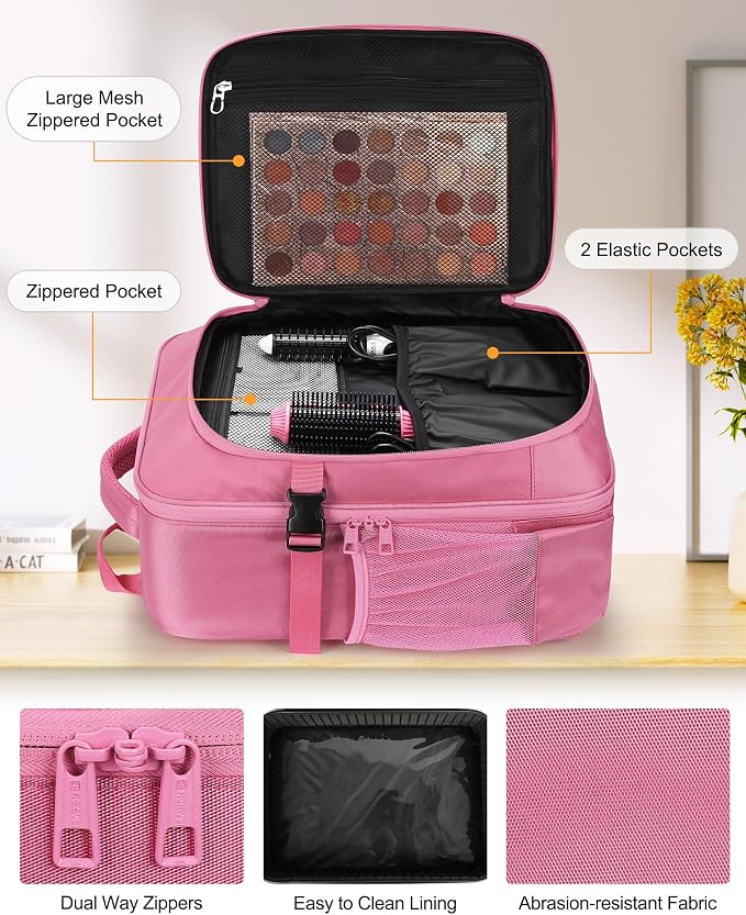 Relavel Makeup Backpack, Professional Travel Train Case Makeup Artist Kit Set Bag for Women Extra Large Cosmetic Organizer, Brush Storage Holder, with Adjustable High Dividers, Rose Pink - Image 3