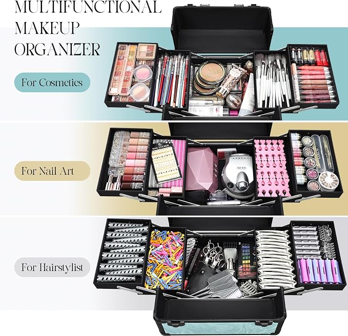 Yueieoun Rolling Makeup Case, 4 in 1 Makeup Case on Wheels, Professional Makeup Trolley, Cosmetic Train Case Makeup Cart Travel Trolley with Key for MUA, Hairstylists, Nail Tech, Turquoise Vitality - Image 2