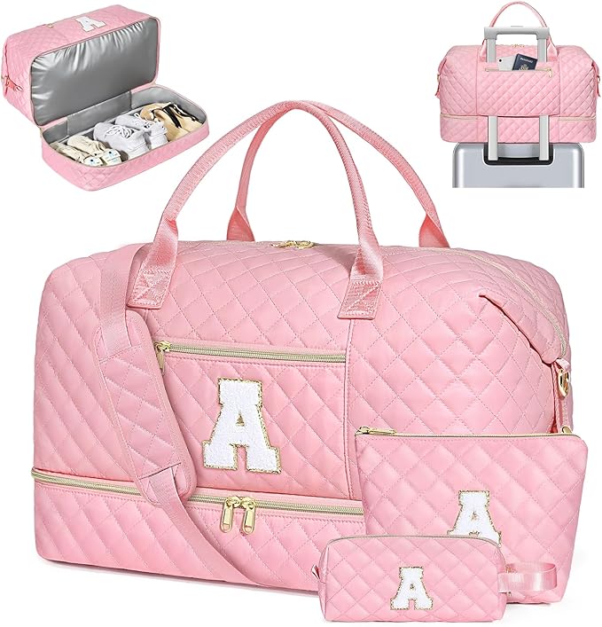 Graduation Birthday Gift for Her, Personalized Initial Weekender Bag for Women 45L Travel Duffle Carry On Quilted, 3PCS Overnight with Cosmetic & Toiletry Bag, Shoe Compartment, Gym Dance Bag for Girl by ITIEZY