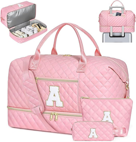 Graduation Birthday Gift for Her, Personalized Initial Weekender Bag for Women 45L Travel Duffle Carry On Quilted, 3PCS Overnight with Cosmetic & Toiletry Bag, Shoe Compartment, Gym Dance Bag for Girl by ITIEZY