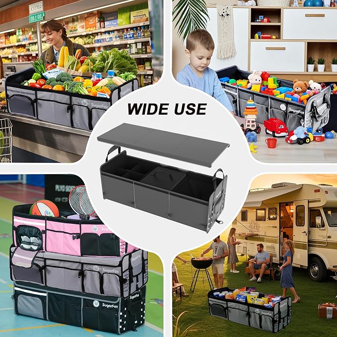 SugarFox Bold Color Block Trunk Organizer | 95L, 35"x13.8"x11.8" | Dedicated Shoe Storage & 26L Ice Pack | Foldable for SUV/Car/Jeep | Car Accessories for Men & Women - Gray-X212 - Image 5