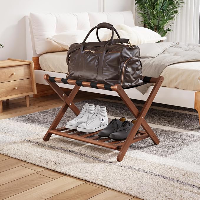 Smuxee Fully Assembled Walnut Luggage Rack, Upgraded Bamboo Foldable Suitcase Stand with 5 Nylon Straps, Luggage Holder with Shelf for Guest Room Bedroom Hotel - Image 7