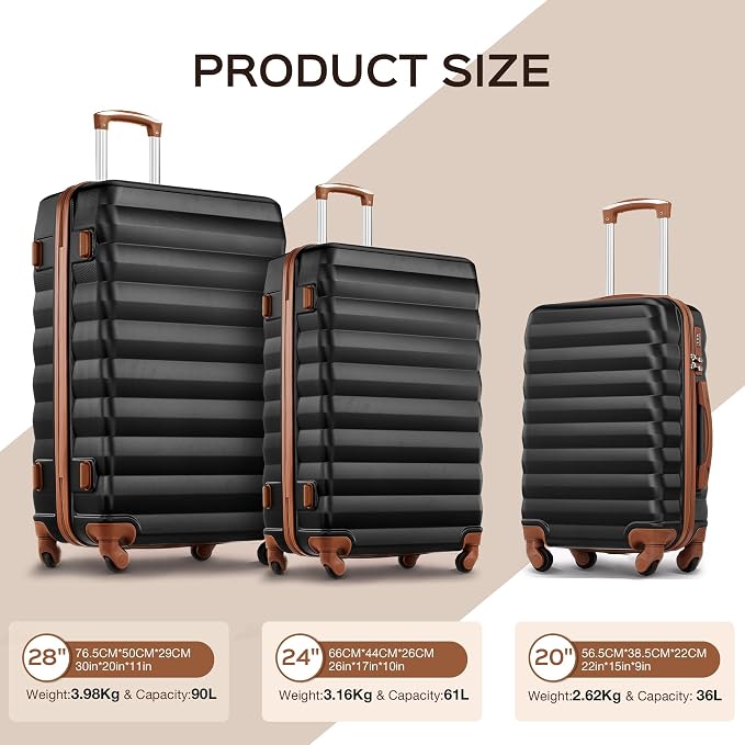 Suitour Luggage Sets 3 Piece Carry On Luggage with Spinner Wheels ABS Hard Case Travel Suitcase Set(20/24/28 inch) 6 PC Packing Bags & Drawstring Backpack - Image 2