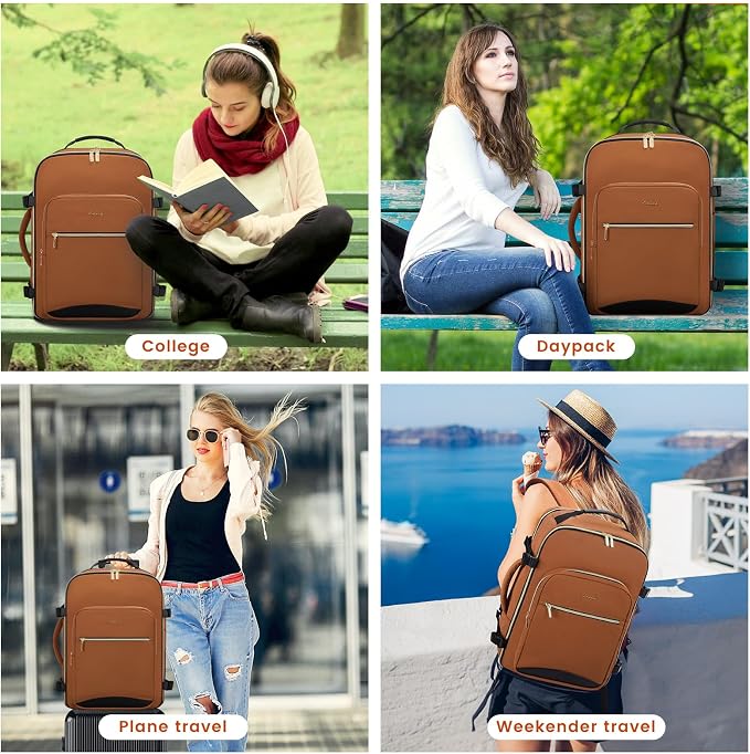 LOVEVOOK 40L Large Travel Backpack for Women Men, 17 Inch Carry on Backpack for Traveling on Airplane, Personal Item Travel Bag Airline Approved, Business Causal Weekender Backpack, Brown Yellow-Black - Image 7