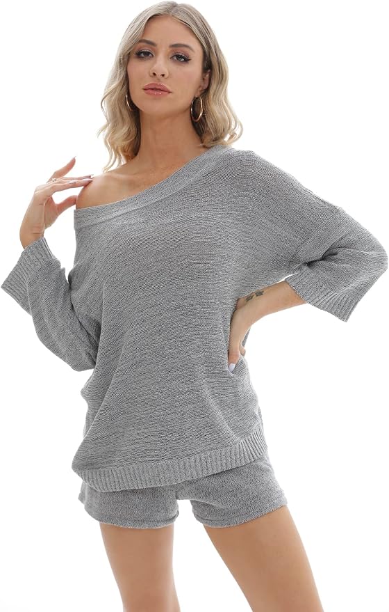 Ermonn Womens 2 Piece Outfits Sweater Sets Off Shoulder Knit Tops Waist Short Suits Casual Pajama Set - Image 4