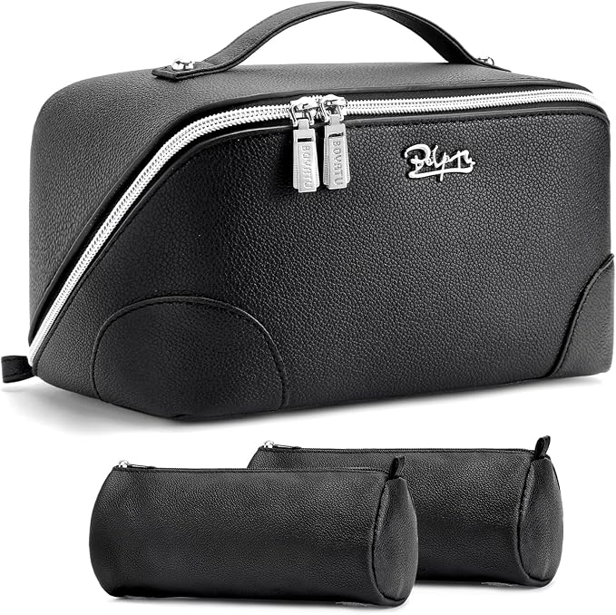 BOYATU Travel Makeup Bag Cosmetic Bags for Women: 3 Pcs Set Large Capacity Make up Bag with Handle - Waterproof Vegan Leather Toiletry Bags Travel Essentials with Compartments(C-2-Black) by BOYATU