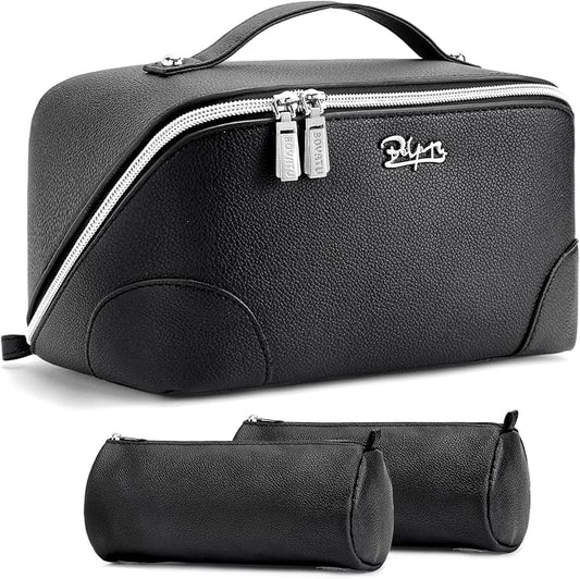 BOYATU Travel Makeup Bag Cosmetic Bags for Women: 3 Pcs Set Large Capacity Make up Bag with Handle - Waterproof Vegan Leather Toiletry Bags Travel Essentials with Compartments(C-2-Black) by BOYATU