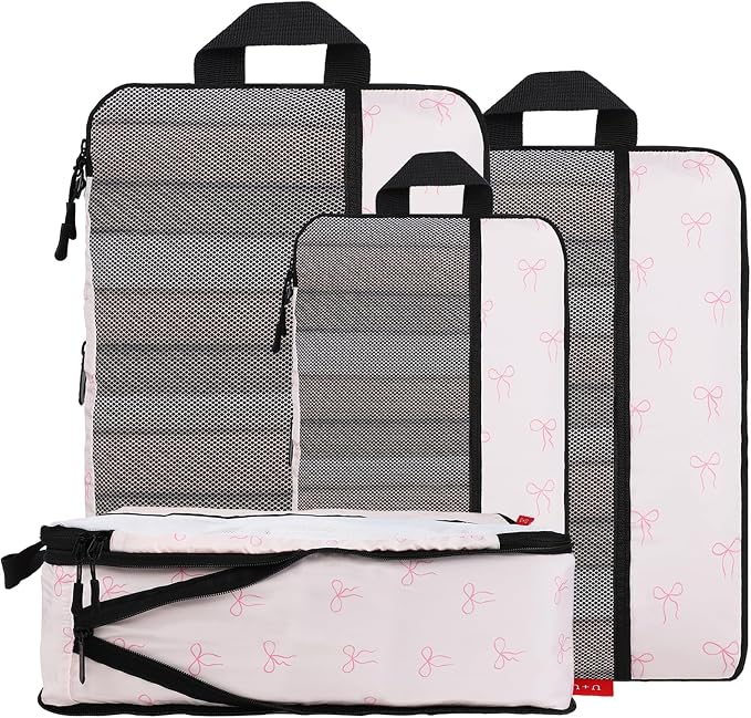 U+U 4 Set Compression Packing Cubes - Ultralight Travel Organizers, Space-Saving Suitcase Organizer, Expandable Packing Cubes for Travel, Business Trip and Family Vacation (Pink Bow) by UU