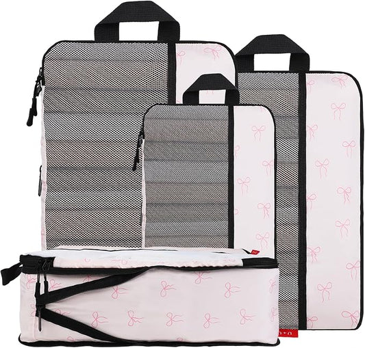 U+U 4 Set Compression Packing Cubes - Ultralight Travel Organizers, Space-Saving Suitcase Organizer, Expandable Packing Cubes for Travel, Business Trip and Family Vacation (Pink Bow) by UU