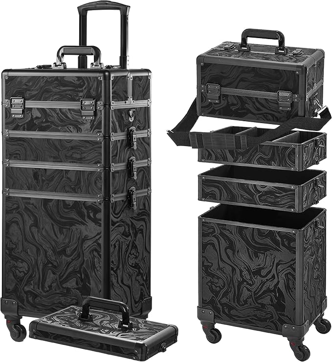 Somduy Rolling Makeup Case, Makeup Train Case with Lid, 5 in 1 Cosmetology Case on Wheels, Christmas Gift, Large Makeup Organizers, Profesional Cosmetic Case for Salon Barber, Pattern Black by Somduy